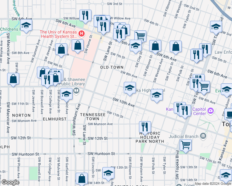 map of restaurants, bars, coffee shops, grocery stores, and more near 908 Southwest Buchanan Street in Topeka