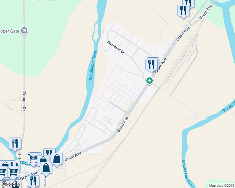 map of restaurants, bars, coffee shops, grocery stores, and more near 65 Fuller Circle in Junction City