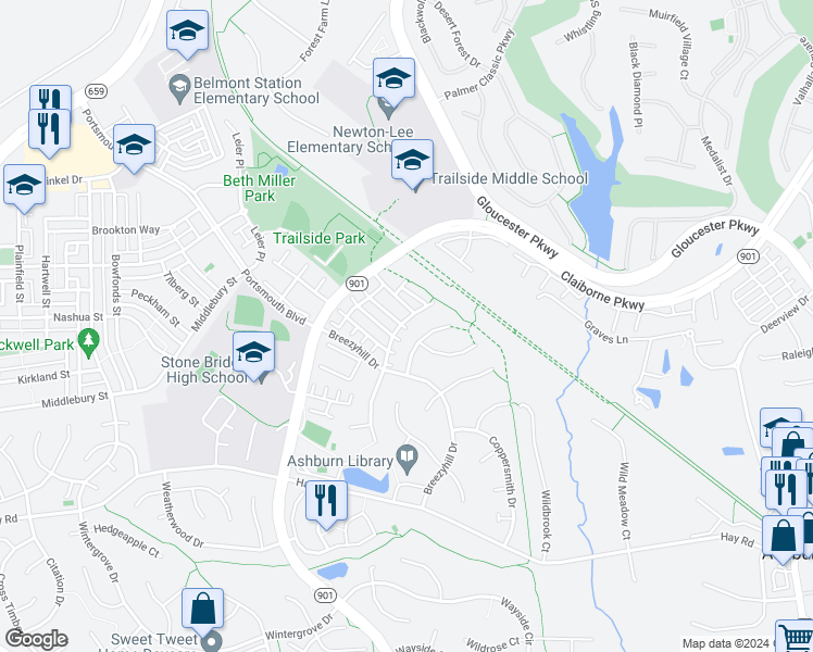 map of restaurants, bars, coffee shops, grocery stores, and more near 20404 Alderleaf Terrace in Ashburn