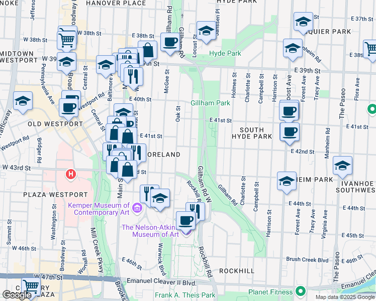 map of restaurants, bars, coffee shops, grocery stores, and more near 4204 Locust Street in Kansas City