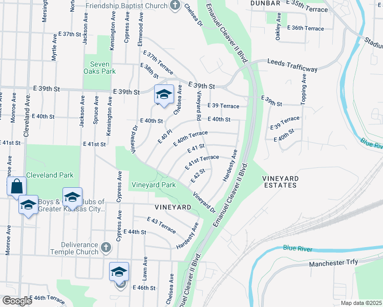 map of restaurants, bars, coffee shops, grocery stores, and more near 5011 East 41 Street in Kansas City