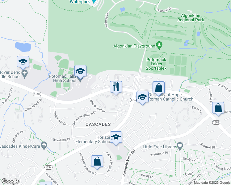map of restaurants, bars, coffee shops, grocery stores, and more near 20417 Riverbend Square in Sterling