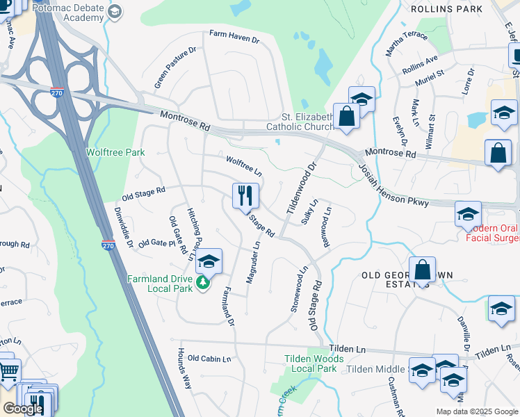 map of restaurants, bars, coffee shops, grocery stores, and more near 6904 Sulky Lane in Rockville
