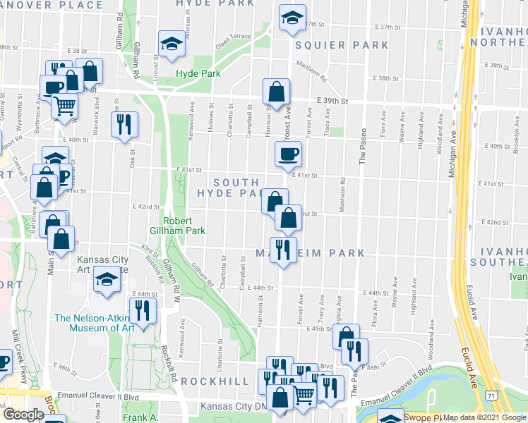 map of restaurants, bars, coffee shops, grocery stores, and more near Harrison St & E 42nd St in Kansas City
