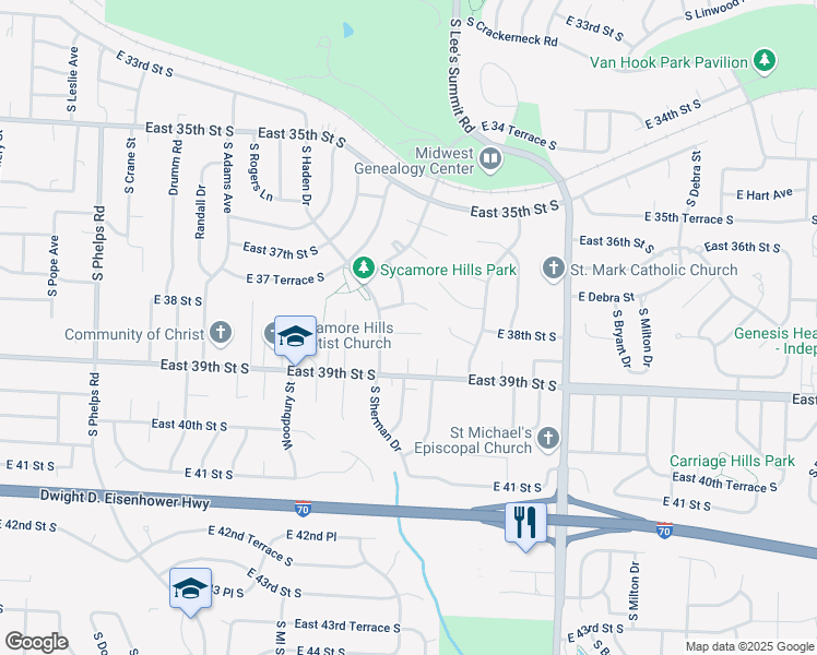map of restaurants, bars, coffee shops, grocery stores, and more near 15812 East 38th Street South in Independence