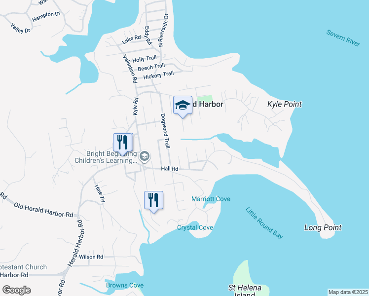 map of restaurants, bars, coffee shops, grocery stores, and more near 852 Birch Trail in Crownsville