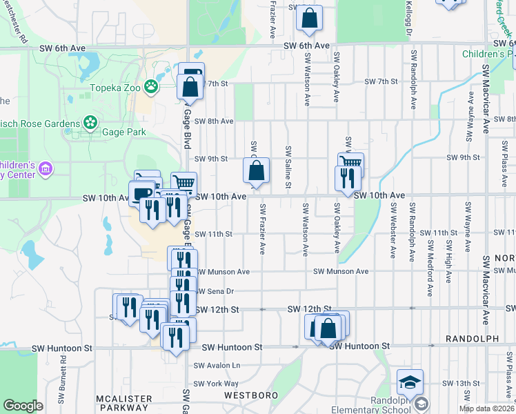 map of restaurants, bars, coffee shops, grocery stores, and more near 1001-1009 SW Orleans St in Topeka