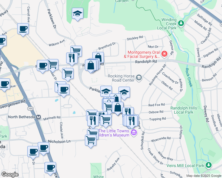 map of restaurants, bars, coffee shops, grocery stores, and more near 11903 Parklawn Place in North Bethesda