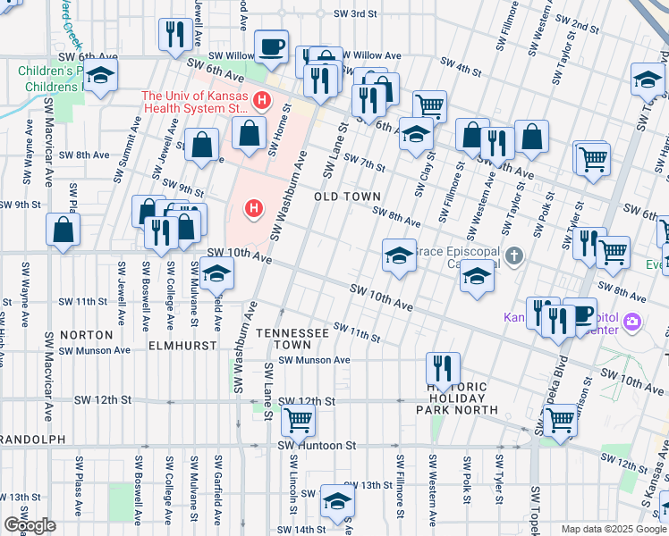 map of restaurants, bars, coffee shops, grocery stores, and more near 930 SW Lincoln St in Topeka