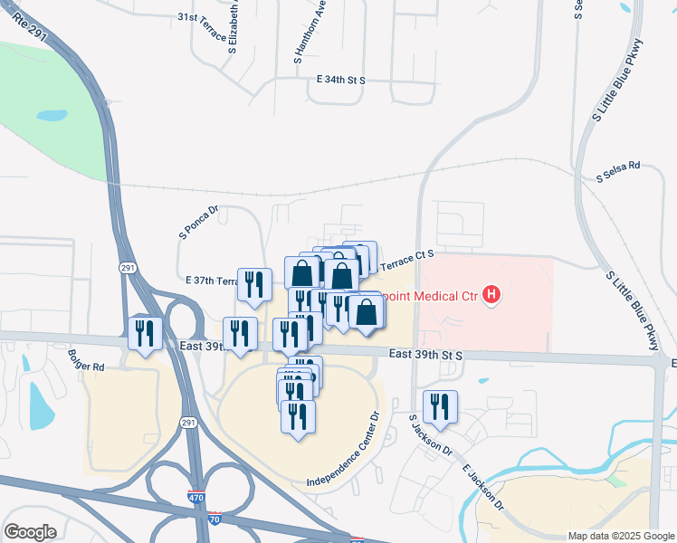 map of restaurants, bars, coffee shops, grocery stores, and more near 19018 East 37th Terrace South in Independence