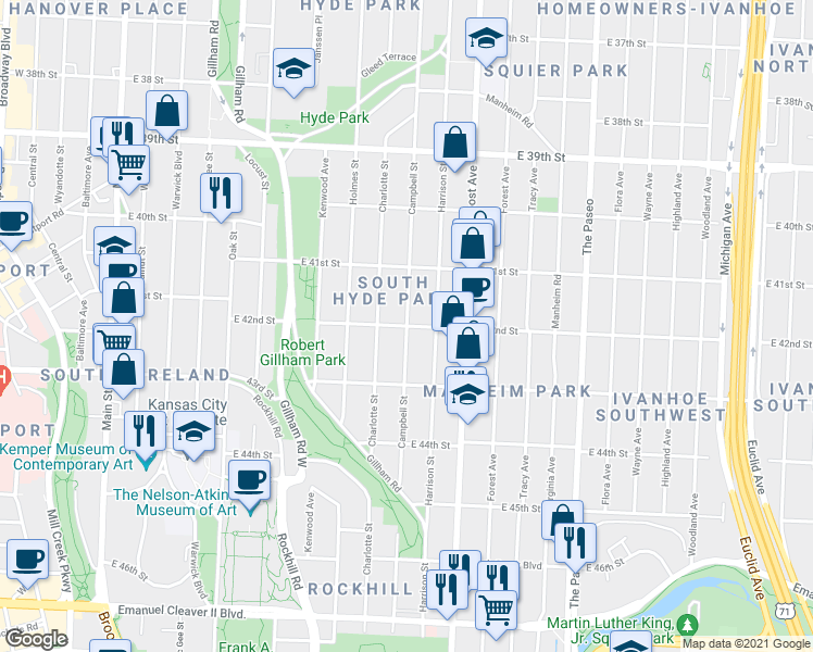 map of restaurants, bars, coffee shops, grocery stores, and more near Campbell St & E 42nd St in Kansas City