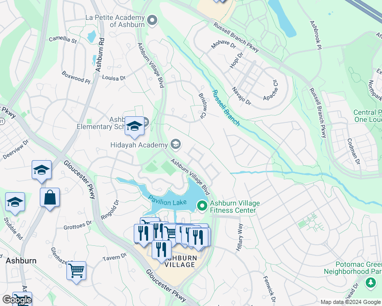 map of restaurants, bars, coffee shops, grocery stores, and more near 44161 Mossy Brook Square in Ashburn
