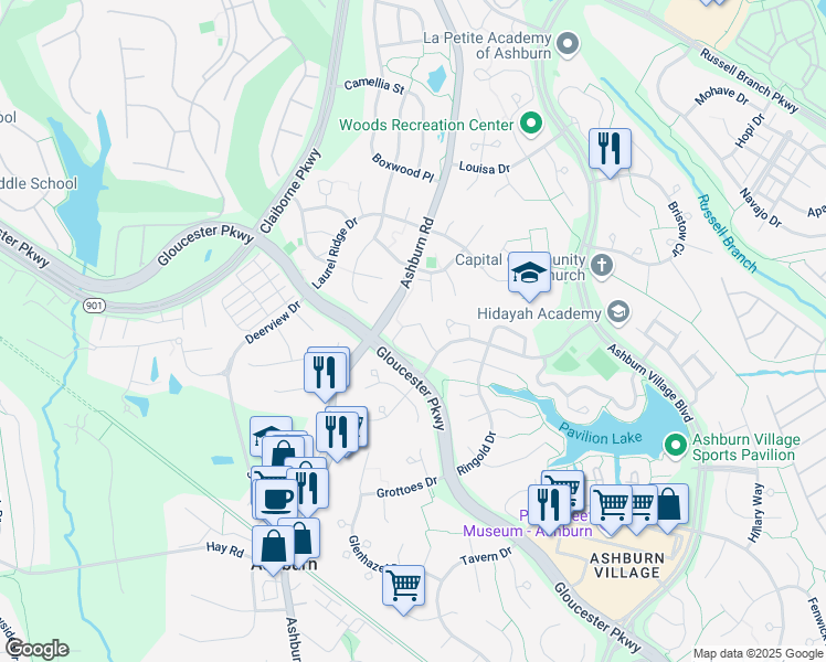 map of restaurants, bars, coffee shops, grocery stores, and more near 43883 Chloe Terrace in Ashburn