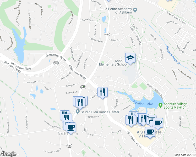 map of restaurants, bars, coffee shops, grocery stores, and more near 43881 Chloe Terrace in Ashburn