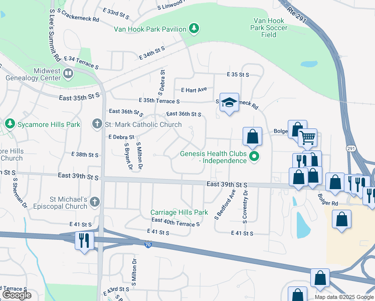 map of restaurants, bars, coffee shops, grocery stores, and more near 3723 South Beatrice Drive in Independence