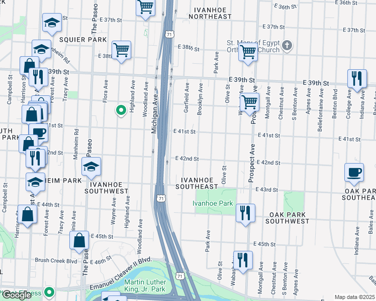 map of restaurants, bars, coffee shops, grocery stores, and more near 4128 Garfield Avenue in Kansas City