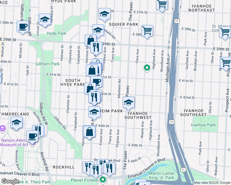 map of restaurants, bars, coffee shops, grocery stores, and more near 4138 Virginia Avenue in Kansas City