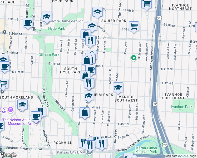map of restaurants, bars, coffee shops, grocery stores, and more near 4136 Tracy Avenue in Kansas City
