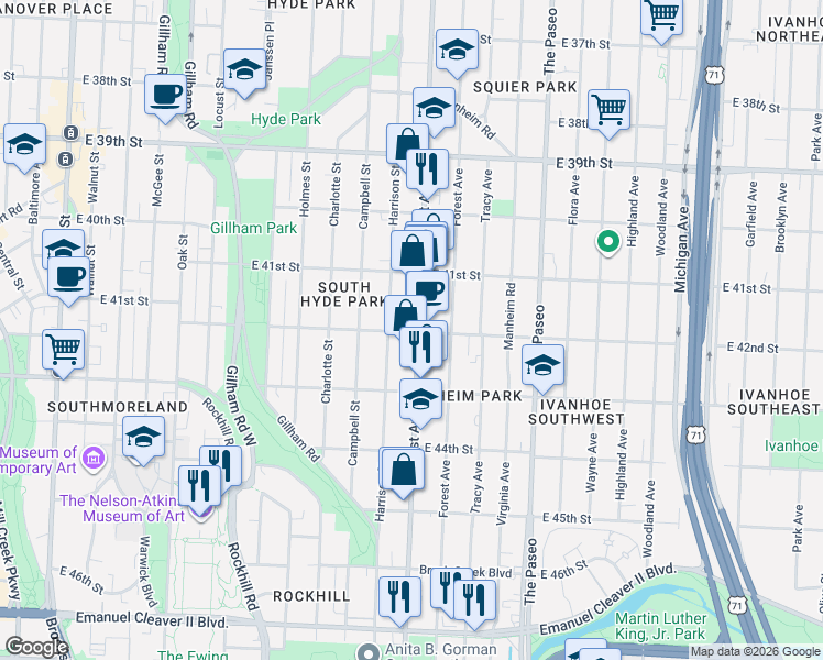 map of restaurants, bars, coffee shops, grocery stores, and more near 4139 Troost Avenue in Kansas City