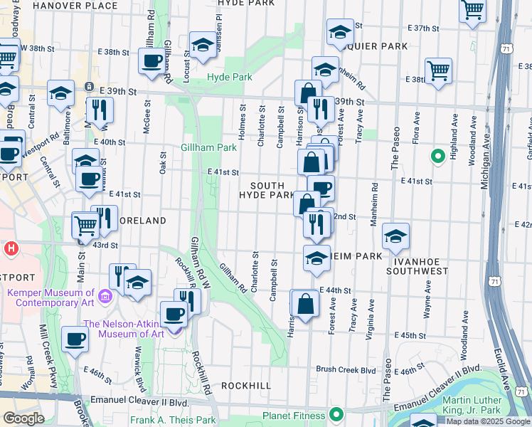 map of restaurants, bars, coffee shops, grocery stores, and more near 4144 Campbell Street in Kansas City