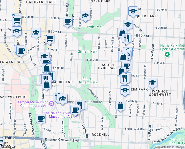 map of restaurants, bars, coffee shops, grocery stores, and more near 4147 Kenwood Avenue in Kansas City