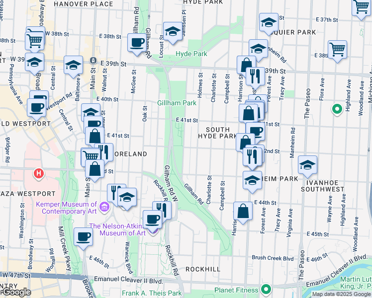 map of restaurants, bars, coffee shops, grocery stores, and more near 4147 Kenwood Avenue in Kansas City