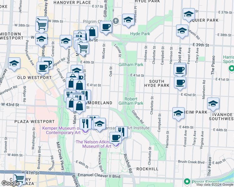 map of restaurants, bars, coffee shops, grocery stores, and more near 4144 Locust Street in Kansas City