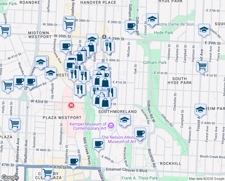 map of restaurants, bars, coffee shops, grocery stores, and more near 4114 Walnut Street in Kansas City