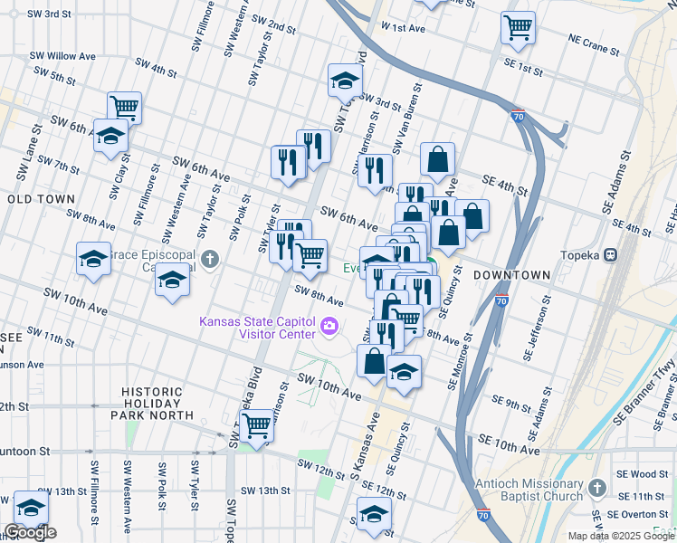 map of restaurants, bars, coffee shops, grocery stores, and more near 700 Southwest Harrison Street in Topeka