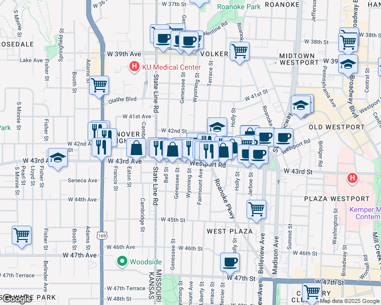 map of restaurants, bars, coffee shops, grocery stores, and more near 4231 Genessee Street in Kansas City