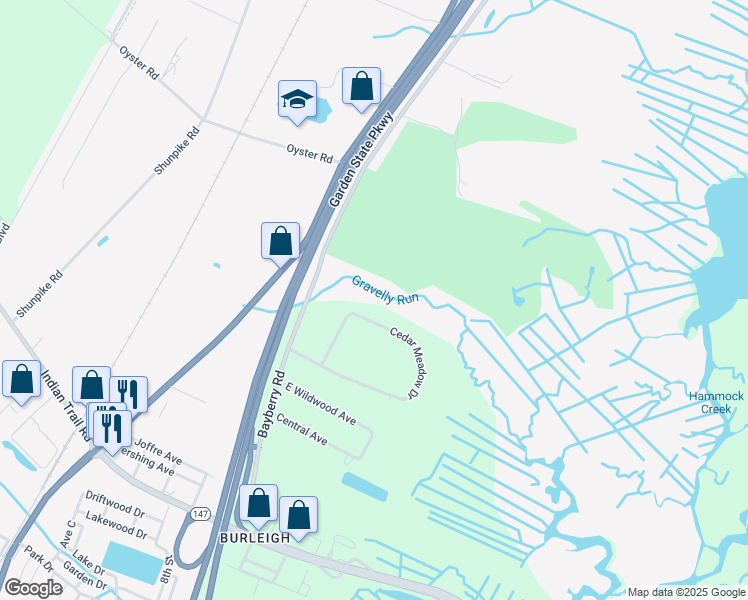 map of restaurants, bars, coffee shops, grocery stores, and more near 57 Cedar Meadow Drive in Middle Township
