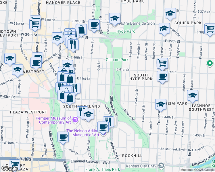 map of restaurants, bars, coffee shops, grocery stores, and more near 4201 Locust Street in Kansas City
