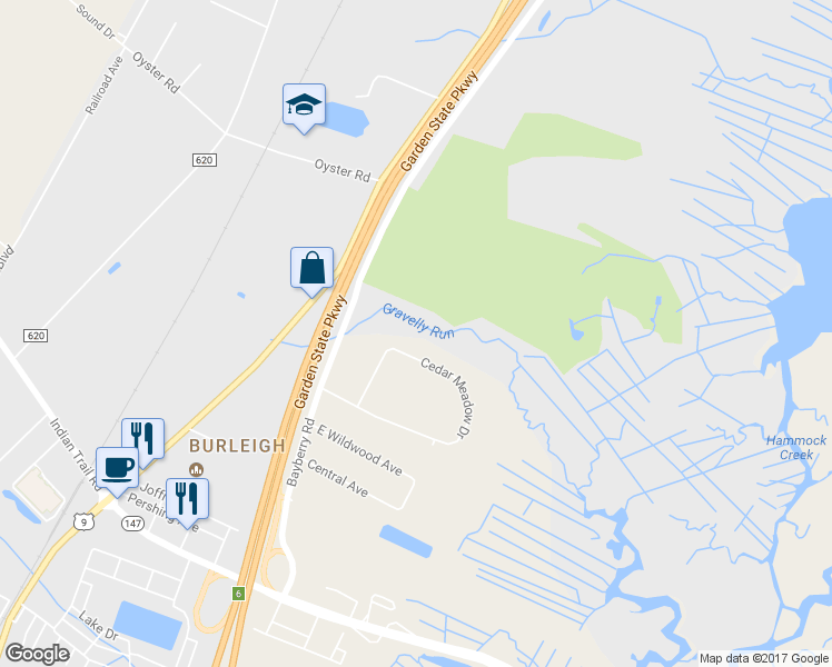 map of restaurants, bars, coffee shops, grocery stores, and more near 57 Cedar Meadow Drive in Middle Township