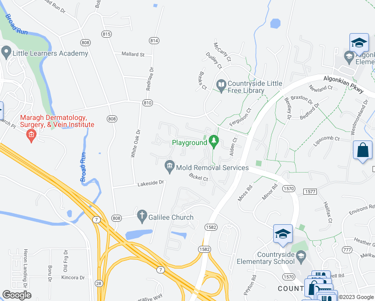 map of restaurants, bars, coffee shops, grocery stores, and more near 25 Quincy Court in Sterling