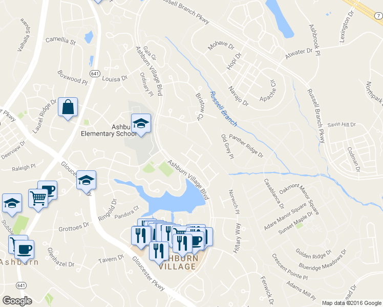 map of restaurants, bars, coffee shops, grocery stores, and more near 44171 Mossy Brook Square in Ashburn