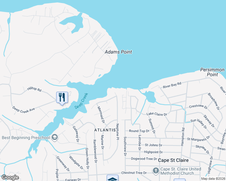 map of restaurants, bars, coffee shops, grocery stores, and more near 1102 Neptune Place in Annapolis