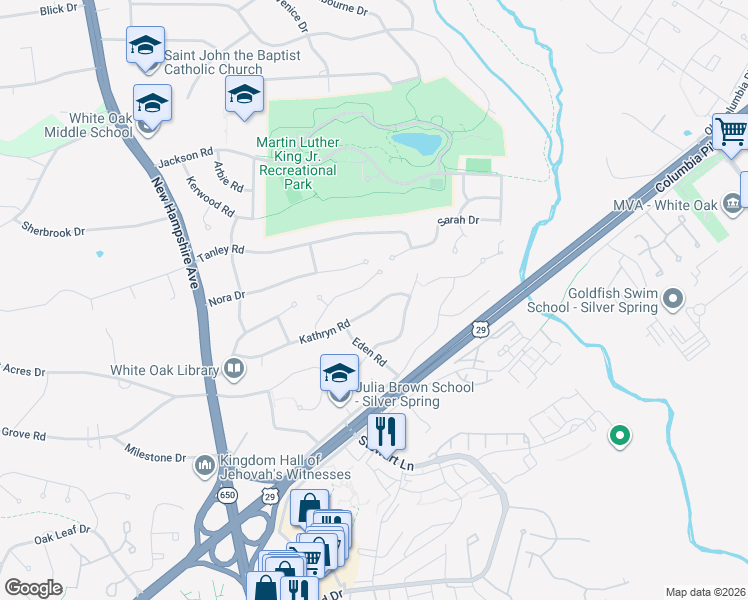 map of restaurants, bars, coffee shops, grocery stores, and more near 1220 Kathryn Road in Silver Spring