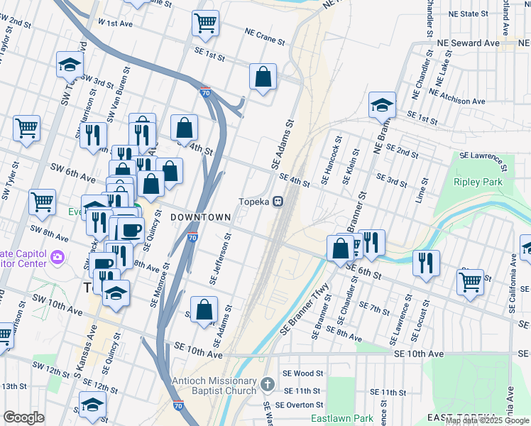 map of restaurants, bars, coffee shops, grocery stores, and more near 514 Southeast Adams Street in Topeka