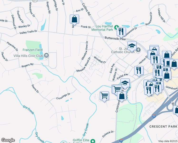 map of restaurants, bars, coffee shops, grocery stores, and more near 723 Meadow Wood Drive in Crescent Springs