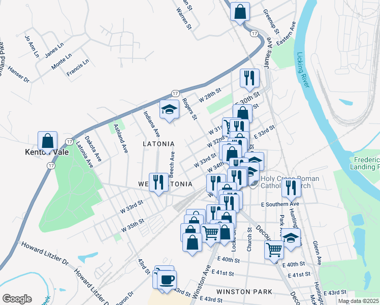 map of restaurants, bars, coffee shops, grocery stores, and more near 202 West 32nd Street in Covington