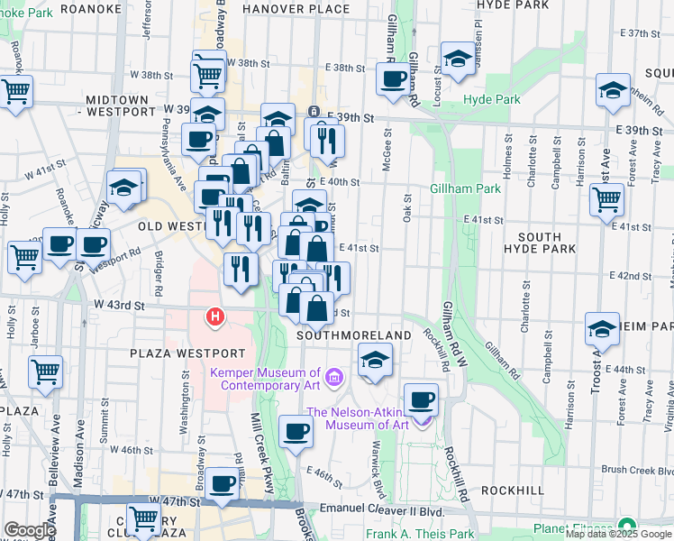 map of restaurants, bars, coffee shops, grocery stores, and more near 4114 Walnut Street in Kansas City