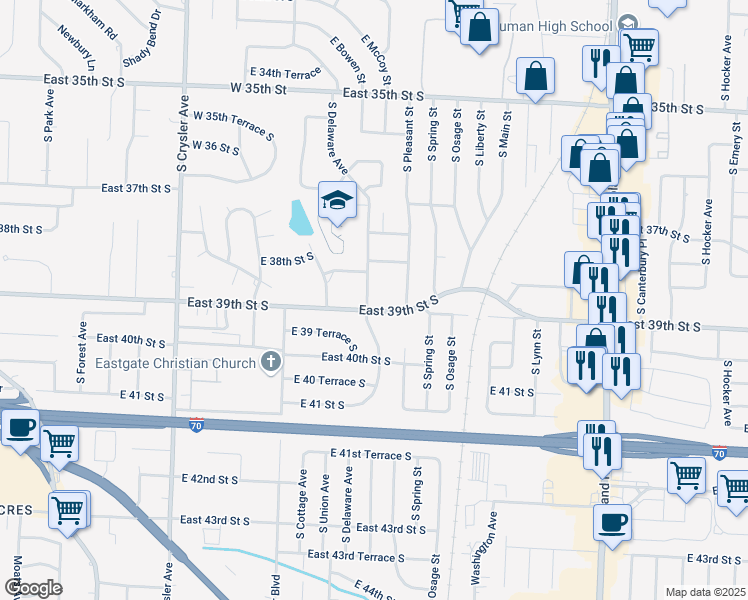 map of restaurants, bars, coffee shops, grocery stores, and more near 13100 East 39th Street South in Independence