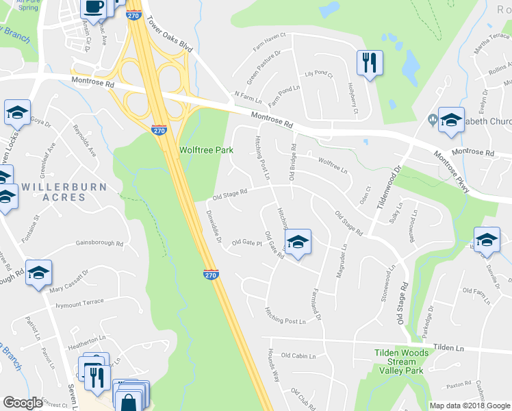 map of restaurants, bars, coffee shops, grocery stores, and more near 7222 Old Gate Road in Rockville