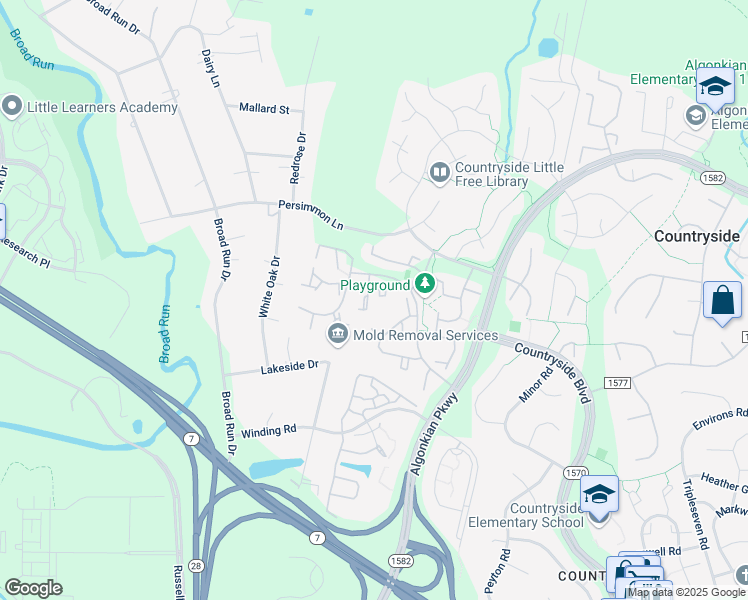 map of restaurants, bars, coffee shops, grocery stores, and more near 25 Quincy Court in Sterling