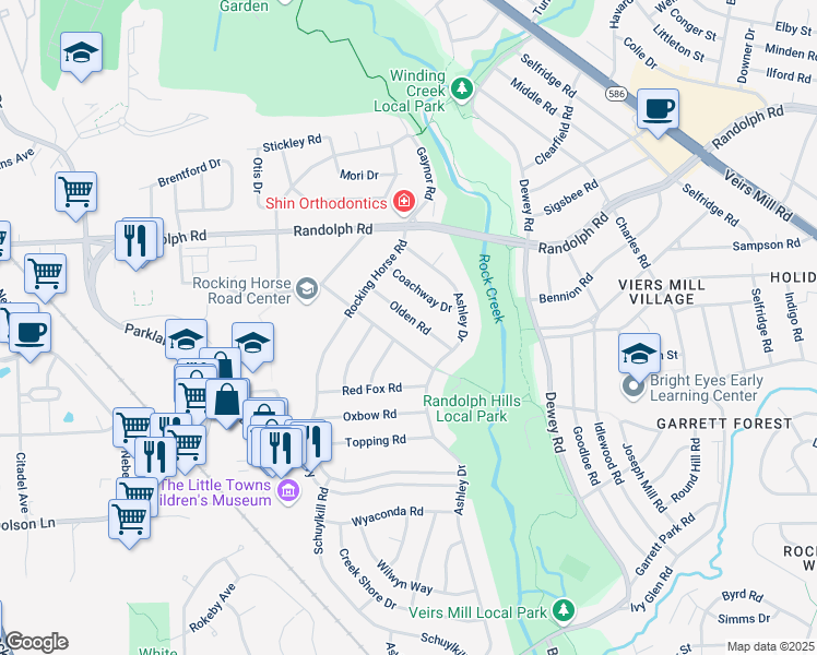 map of restaurants, bars, coffee shops, grocery stores, and more near 4614 Olden Road in Rockville