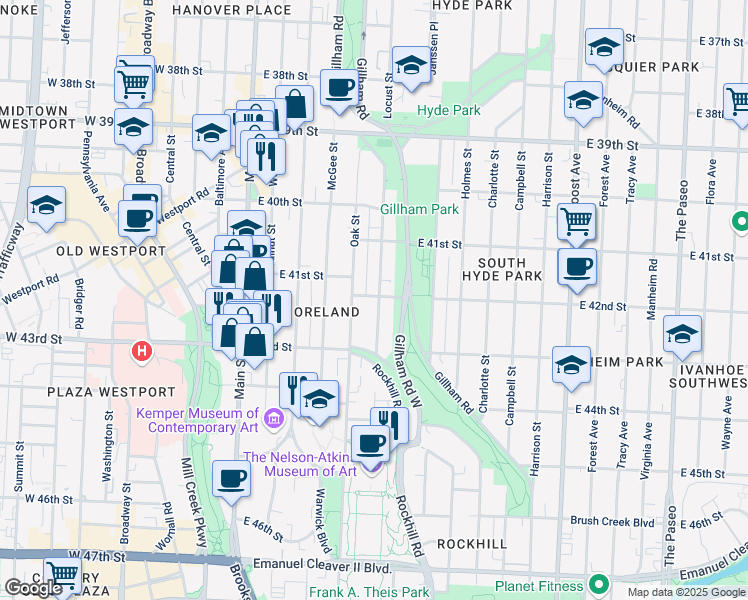 map of restaurants, bars, coffee shops, grocery stores, and more near 4144 Locust Street in Kansas City
