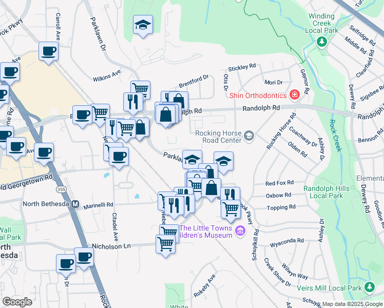 map of restaurants, bars, coffee shops, grocery stores, and more near 5116 Parklawn Terrace in North Bethesda