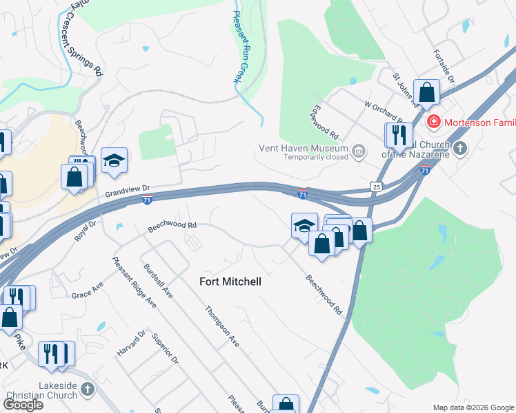 map of restaurants, bars, coffee shops, grocery stores, and more near 37 1/2 Ashton Road in Fort Mitchell