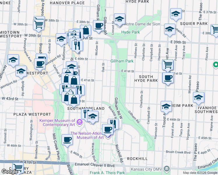 map of restaurants, bars, coffee shops, grocery stores, and more near 4200 Locust Street in Kansas City