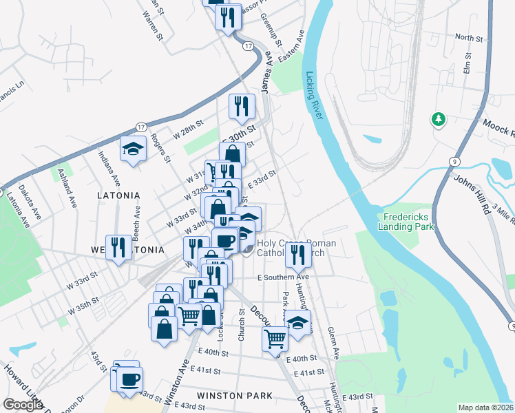 map of restaurants, bars, coffee shops, grocery stores, and more near 113 Daniels Street in Covington